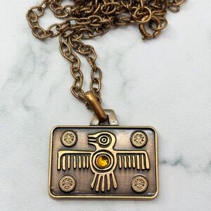 Vintage Bronze Thunderbird Pendant Necklace Amber Rhinestone Southwestern 24 In‎